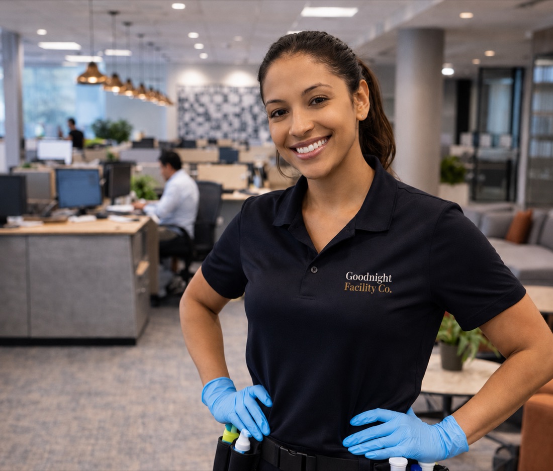 A Goodnight Facility Co. professional in uniform, ready to clean a modern office